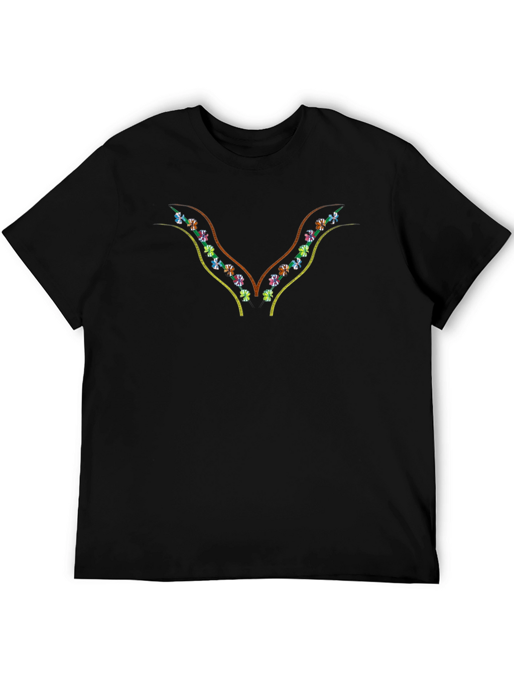 Embroidered Floral V-Neck Black T-Shirt