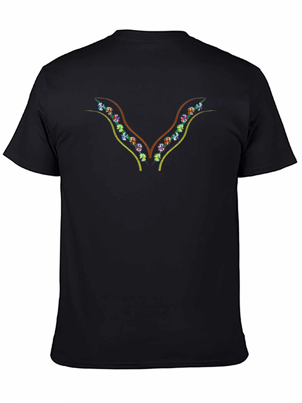 Embroidered Floral V-Neck Black T-Shirt