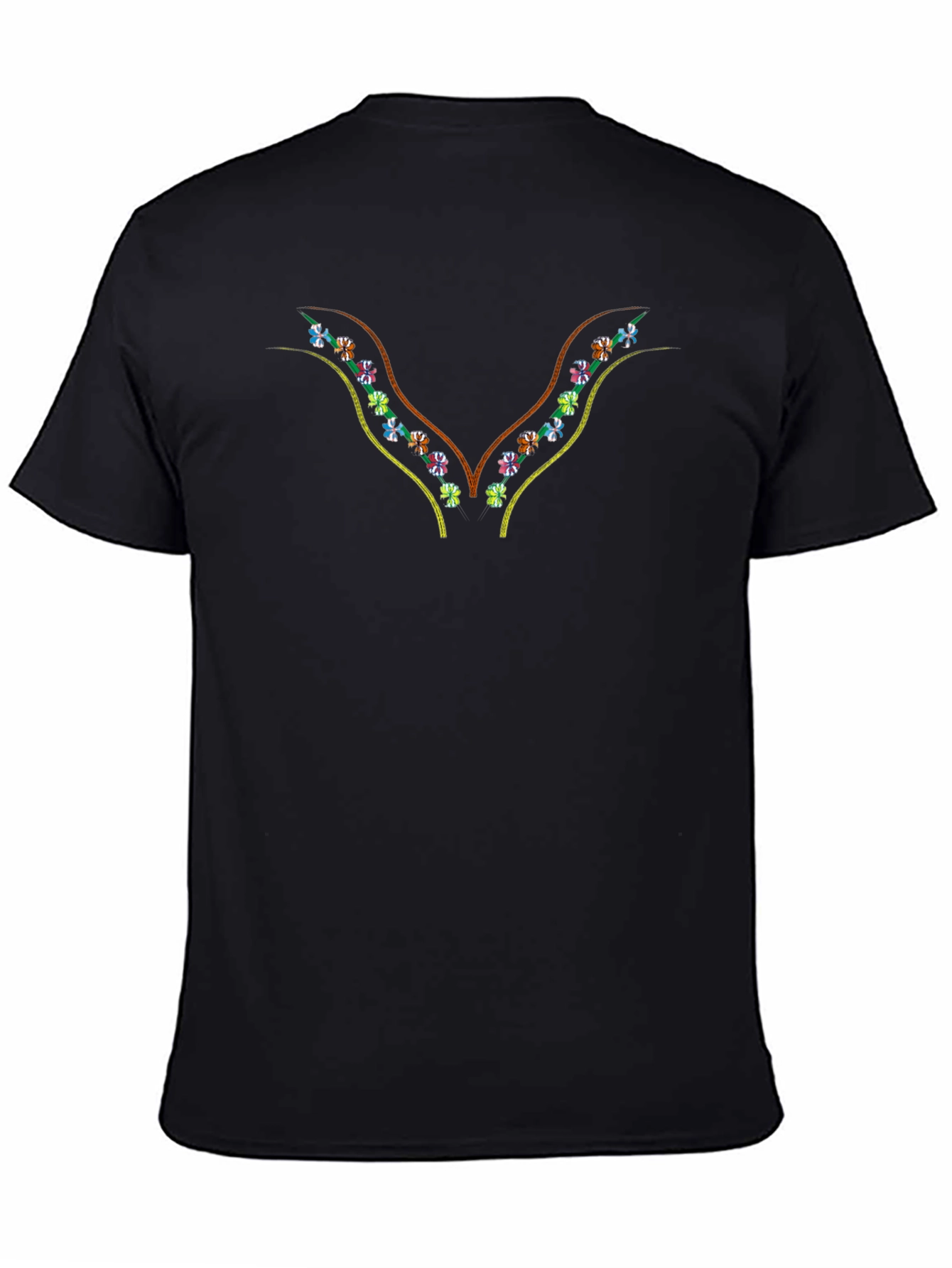 Embroidered Floral V-Neck Black T-Shirt