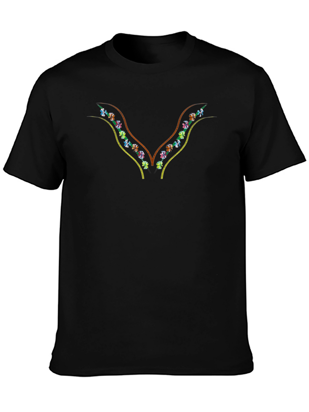 Embroidered Floral V-Neck Black T-Shirt