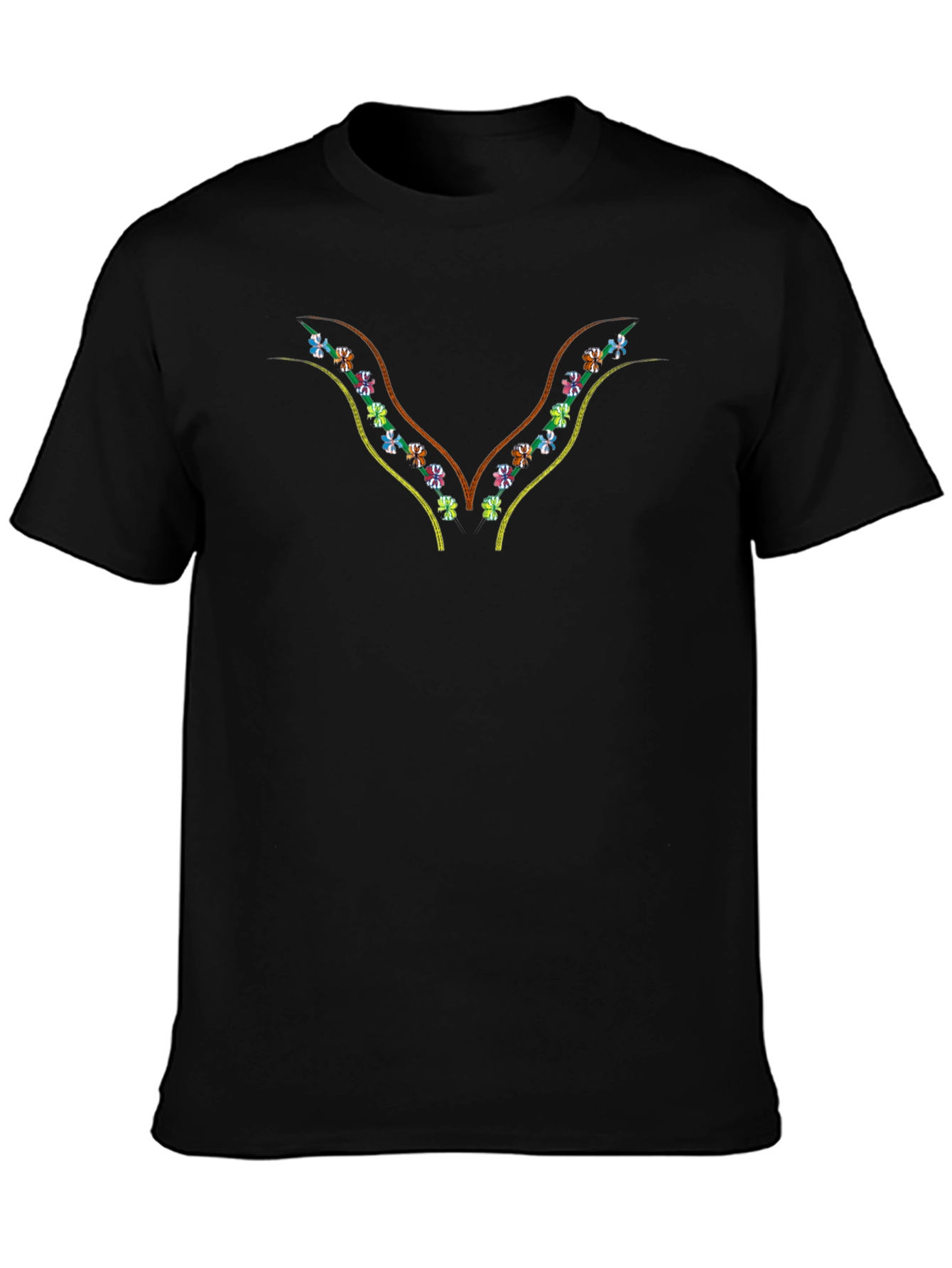 Embroidered Floral V-Neck Black T-Shirt