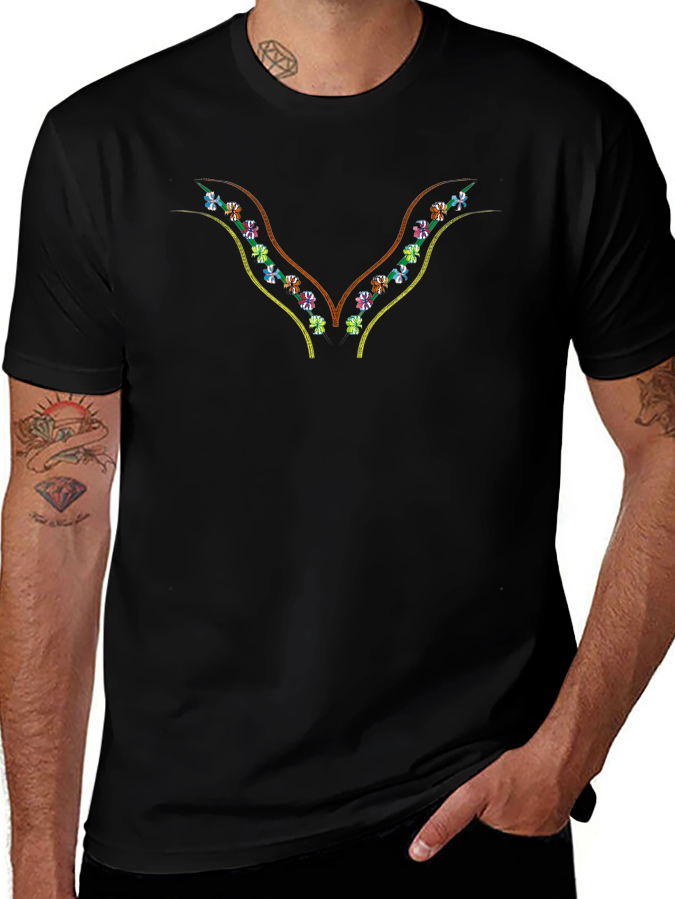 Embroidered Floral V-Neck Black T-Shirt