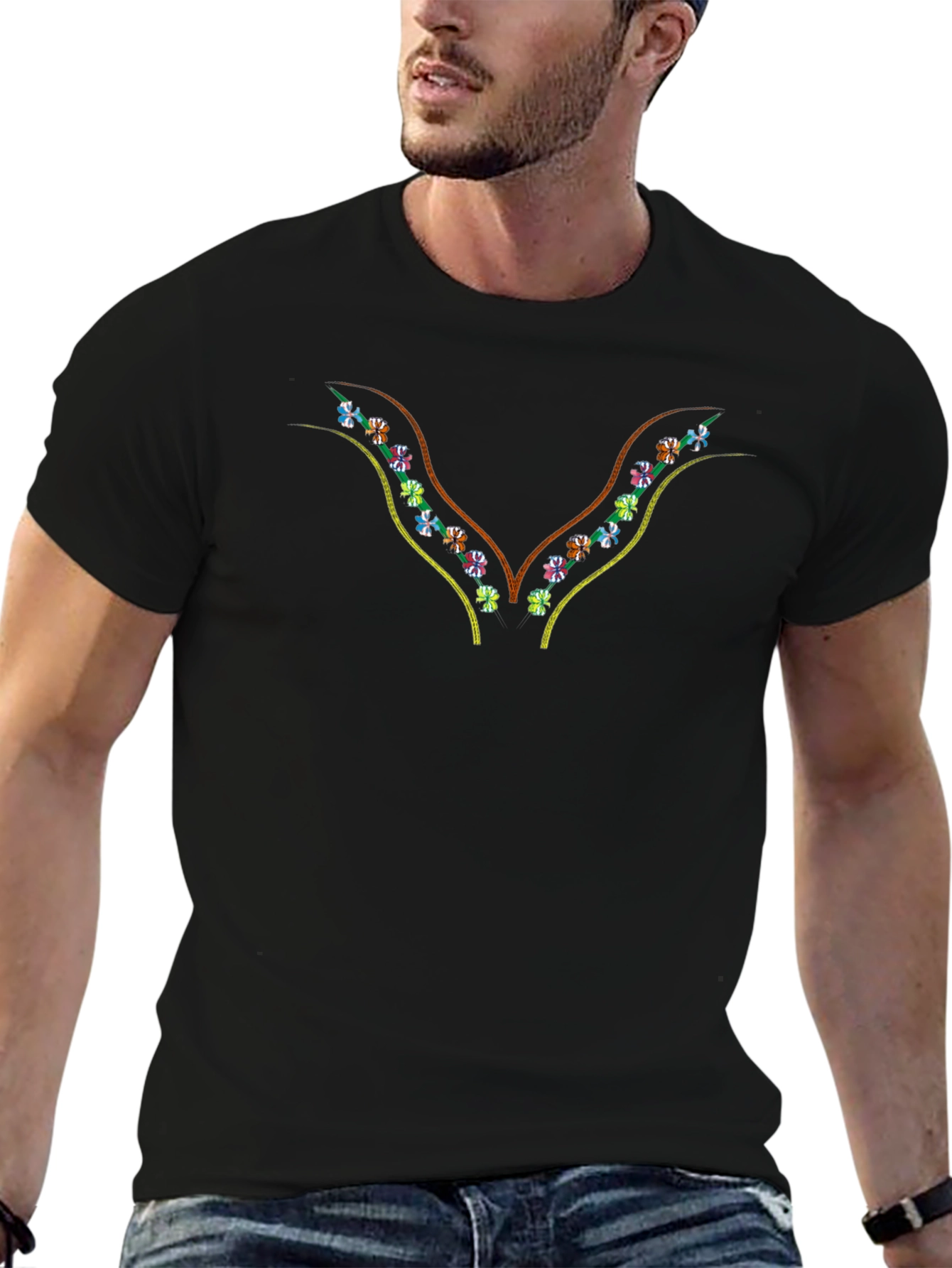 Embroidered Floral V-Neck Black T-Shirt