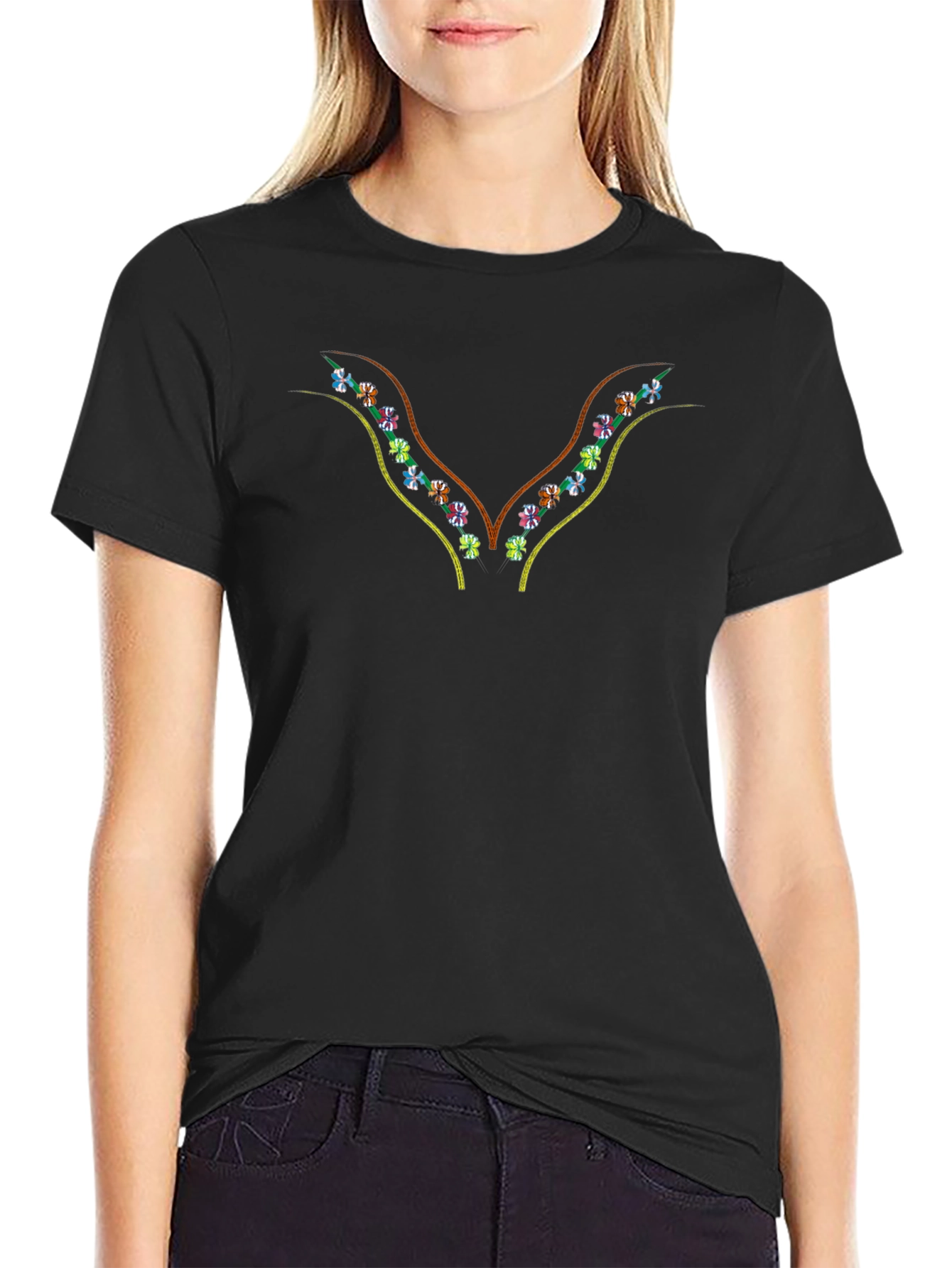 Embroidered Floral V-Neck Black T-Shirt