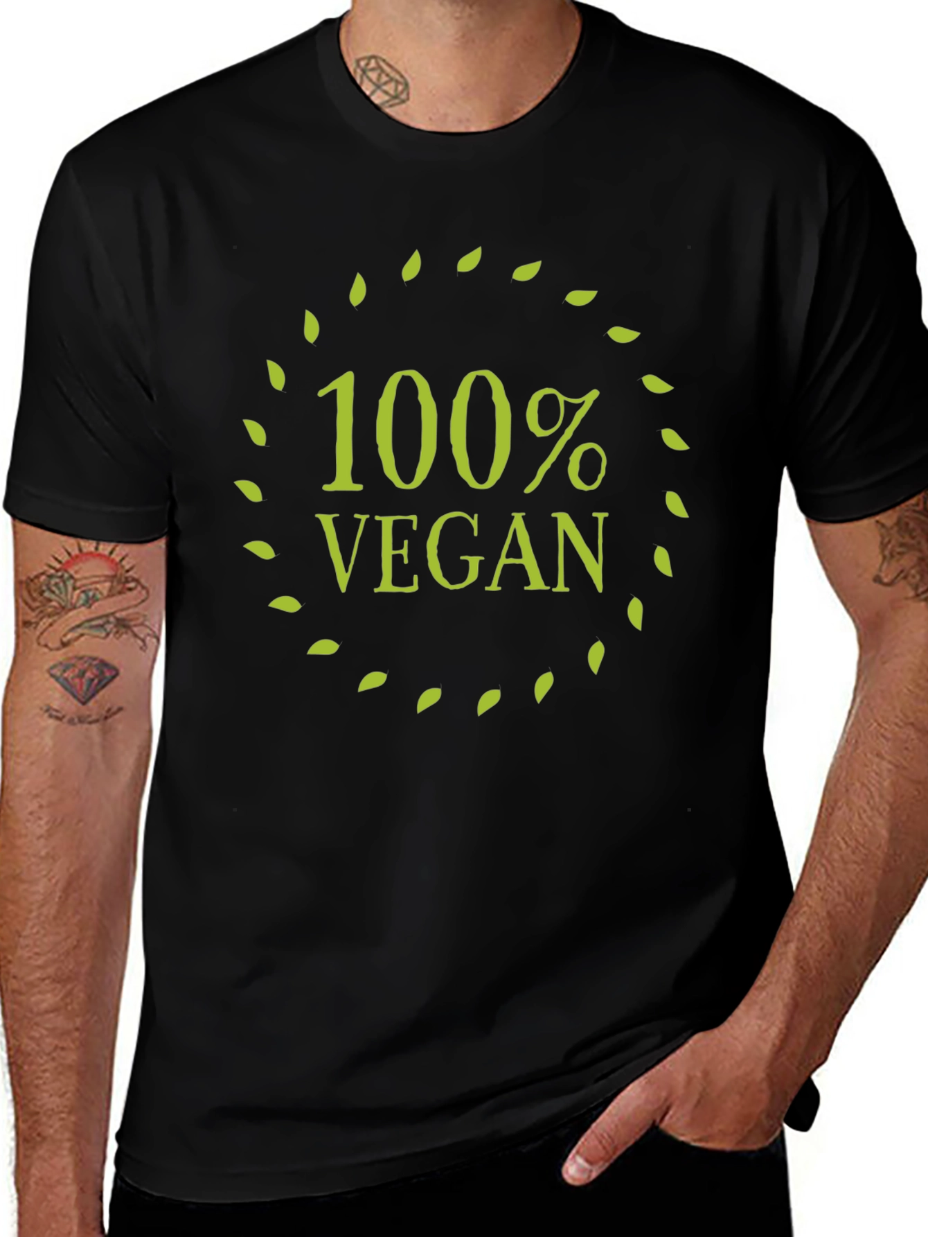 100% Vegan T-Shirt - Black Leaf Circle Design